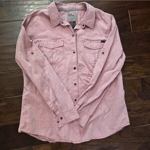 5.11 Tactical Men’s button up snap dress shirt, red stripe pattern | Large